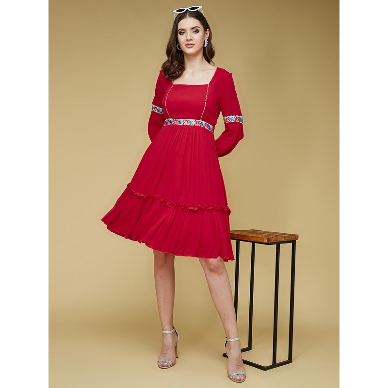 Women’s Red Square Neck Bishop Sleeve Viscose Rayon Solid Gathered Midi Dress XS Red