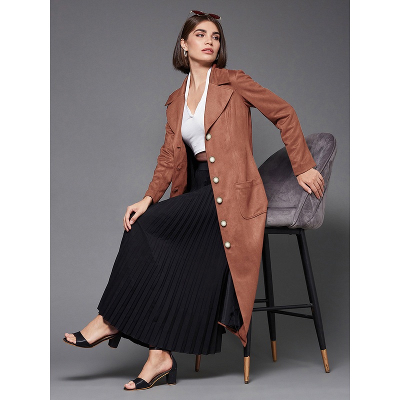 Women’s Solid Dusty Peach Notch-Collar Full Sleeves Button-down Longline Blazer Jacket XS Dusty Peach