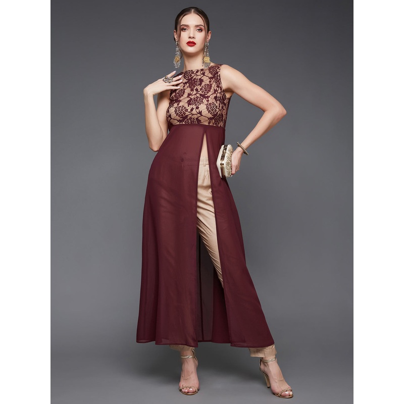 Women’s Wine Boat Neck Sleeveless Self Design Lace Overlaid Polyester Maxi Top XS Wine