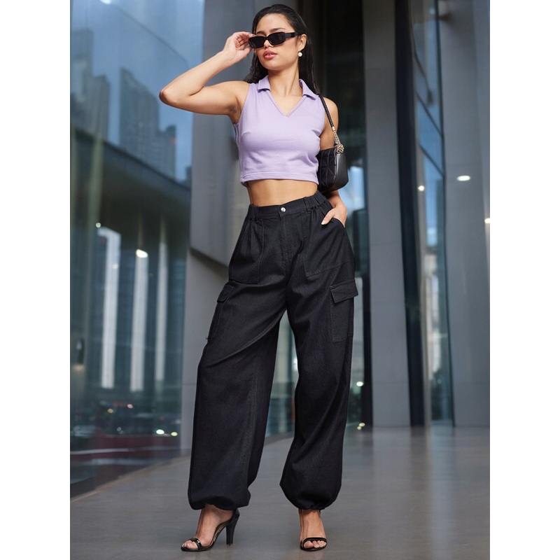 24/7 Comfort Black High-Rise Stretchable Light Weight Cotton Blend Denim Parachute Pants 26 Black