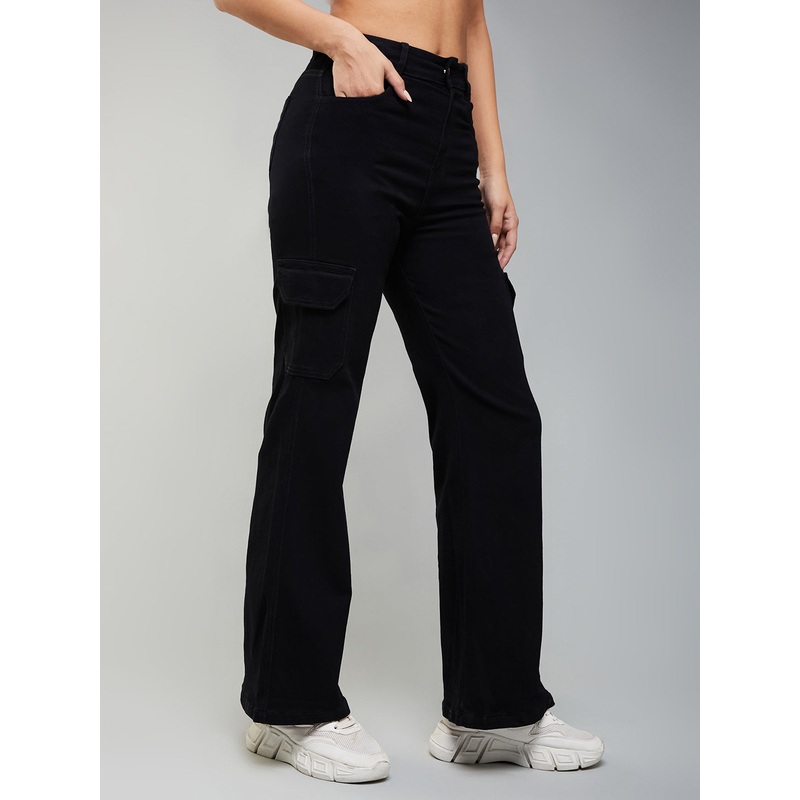 24/7 Comfort Black Wide-Leg High-Rise Patch Pocketed Stretchable Denim Jeans 26 Black