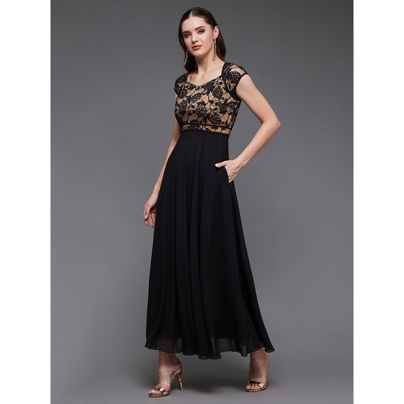 Black Floral Cap Sleeves Fit and Flare Lace Maxi Dress for Women XS Black