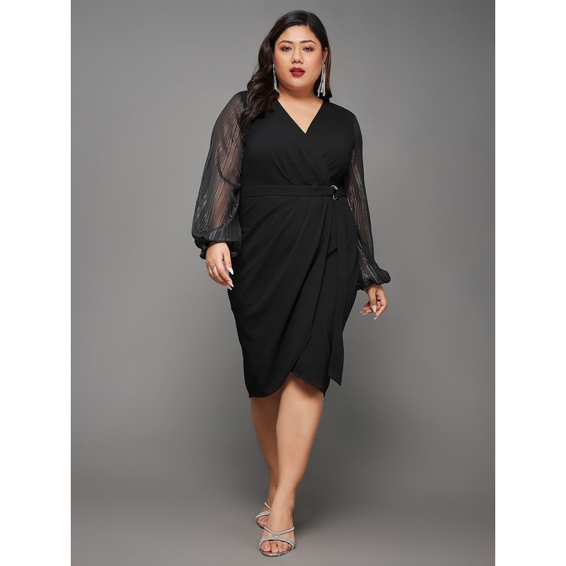 Body Bliss Black Wrap Knee-Length Dress XS Black