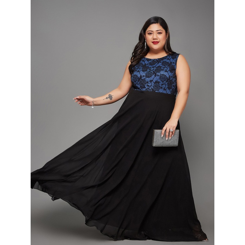 Body Bliss Blue & Black Georgette Floral Lace Fit & Flare Maxi Dress XS Blue & Black