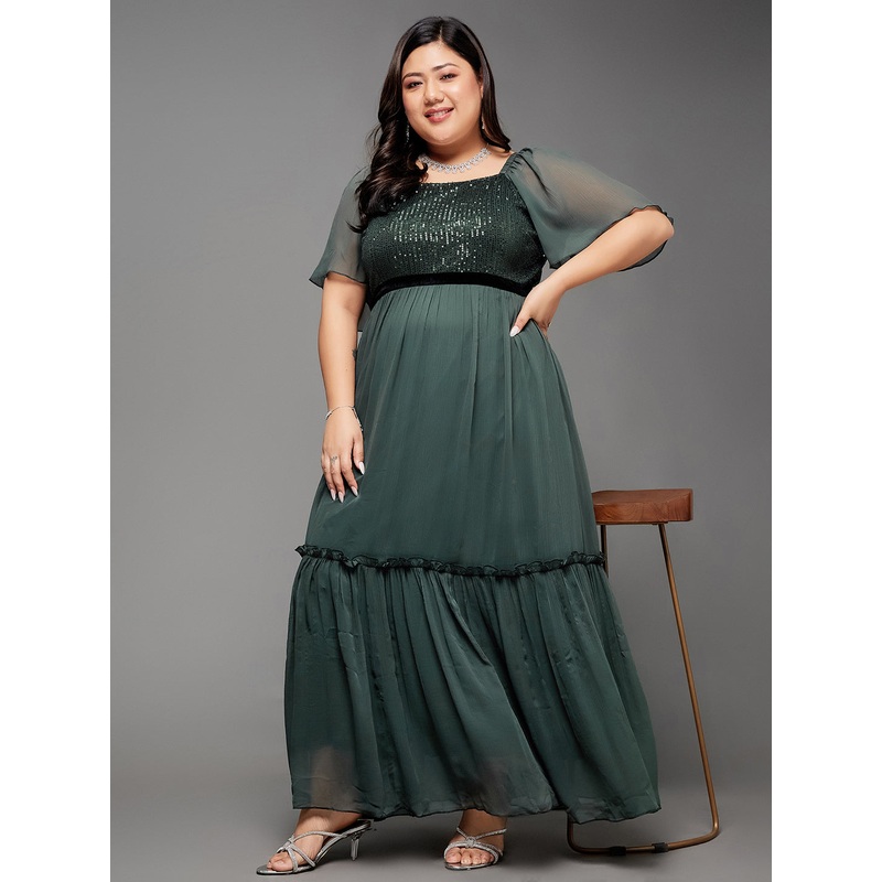 Body Bliss Dark Green Embellished Chiffon Tiered Longline Dress XS Dark Green