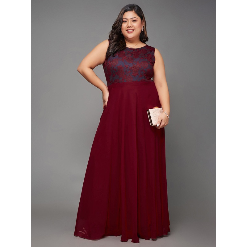 Body Bliss Maroon & Teal Lace Overlaid Maxi Dress XS Maroon