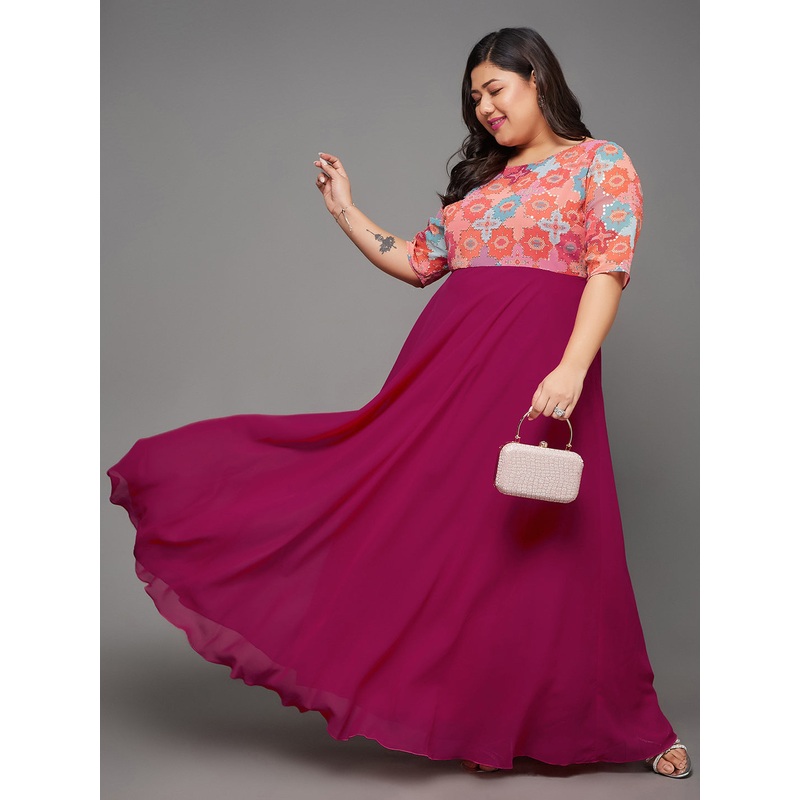 Body Bliss Multicolored-Base-Dark Pink Fit & Flare Georgette Maxi Dress XS Multicolored-Base-Dark Pink