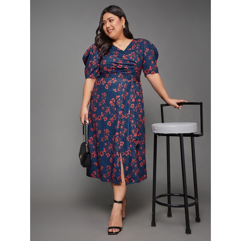 Body Bliss Multicolored-Base-Teal Floral Wrap Midi Dress XS Multicolored-Base-Teal
