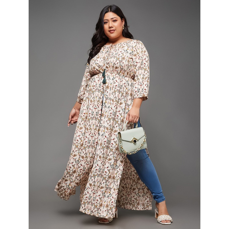 Body Bliss Multicolored Floral Tie-Up Maxi Top XS Multicolor-Base Peach