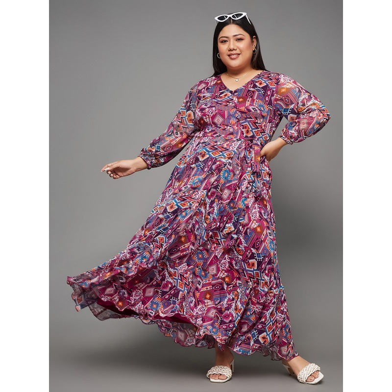 Body Bliss Multicolored Geometric Patterned Wrap Midi Chiffon Dress XS Multicolored