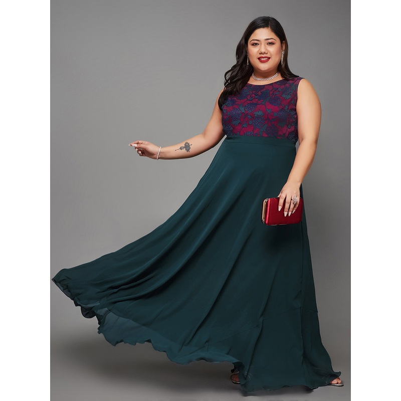 Body Bliss Teal Georgette & Lace Floral Fit & Flare Maxi Dress XS Teal