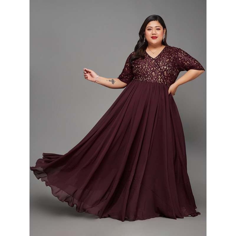 Body Bliss Wine Half Sleeve Self Designed Wrap Georgette Maxi Dress XS Wine