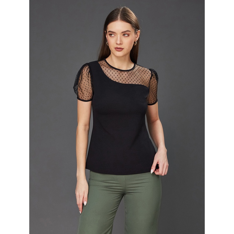 Crease Ease Women’s Black Solid Round Neck Short Sleeve Relaxed Fit Regular Top XS Black