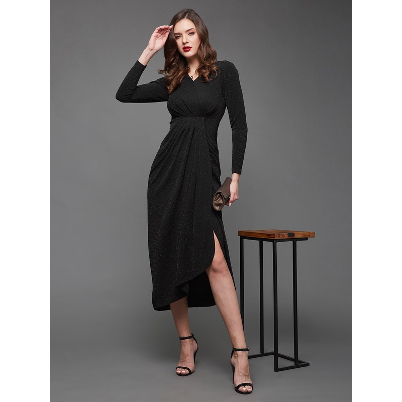 Crease Ease Women’s Black V-Neck Full Sleeve Self Design Wrap Midi Dress XS Black