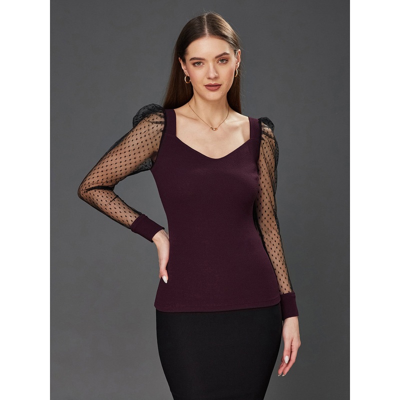 Crease Ease Women’s Dark Purple & Black Solid V-Neck Full Sleeve Relaxed Fit Regular Top XS Black