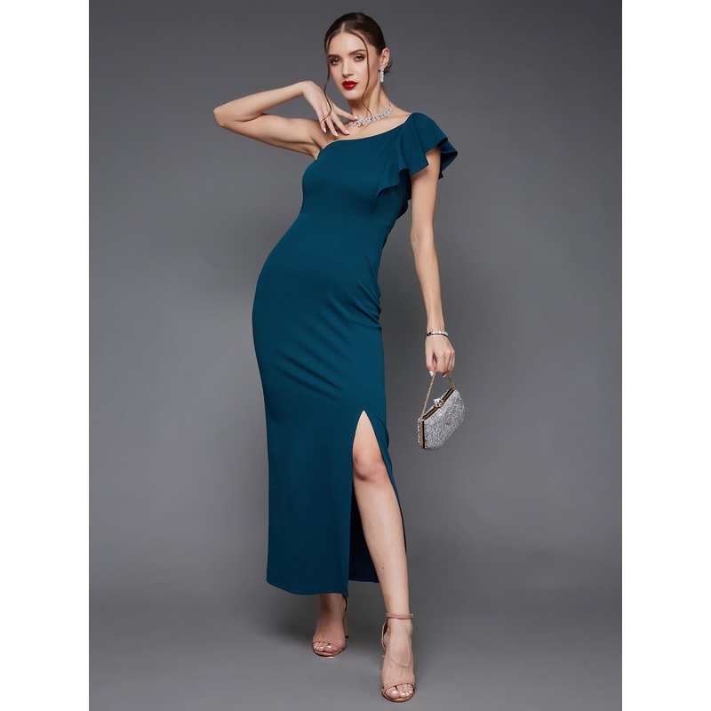 Crease Ease Women’s Teal Solid One Shoulder Sleeveless Ruffled Maxi Dress XXS Teal