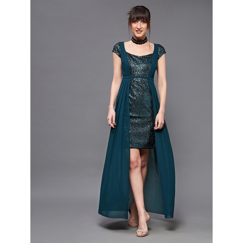 Teal Cap Sleeves Sequinned Dress with Cape for Women XS Teal