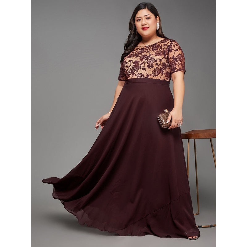 Wine Short Sleeves Lace Fit and Flare Maxi Dress for Women XXS Wine & Beige