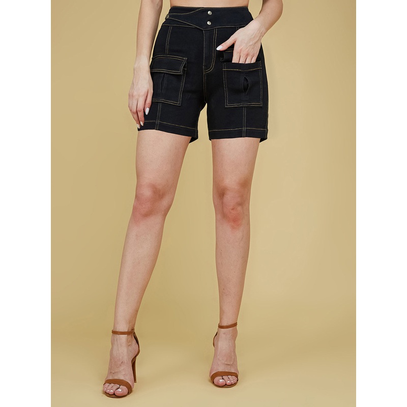 Women’s Black Regular-Fit Mid-Rise Clean-Look Stretchable Denim Bermuda Shorts 26 Black