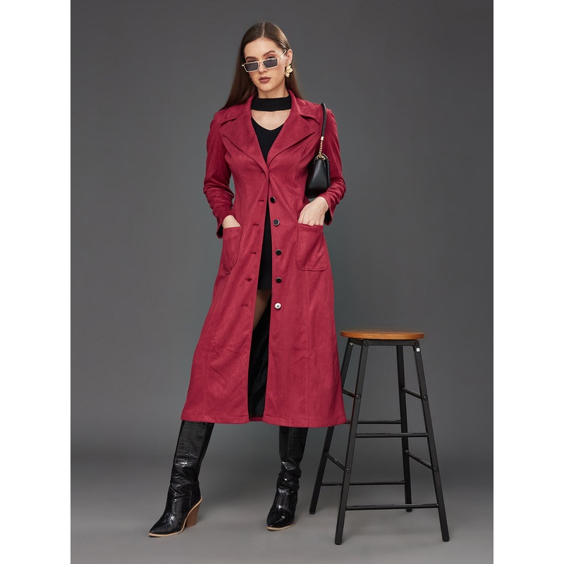 Women’s Dark Red Solid V-Neck Full Sleeves Patched Pocketed Polyester Button Down Longline Winter Wear Blazer Jacket XS Dark Red