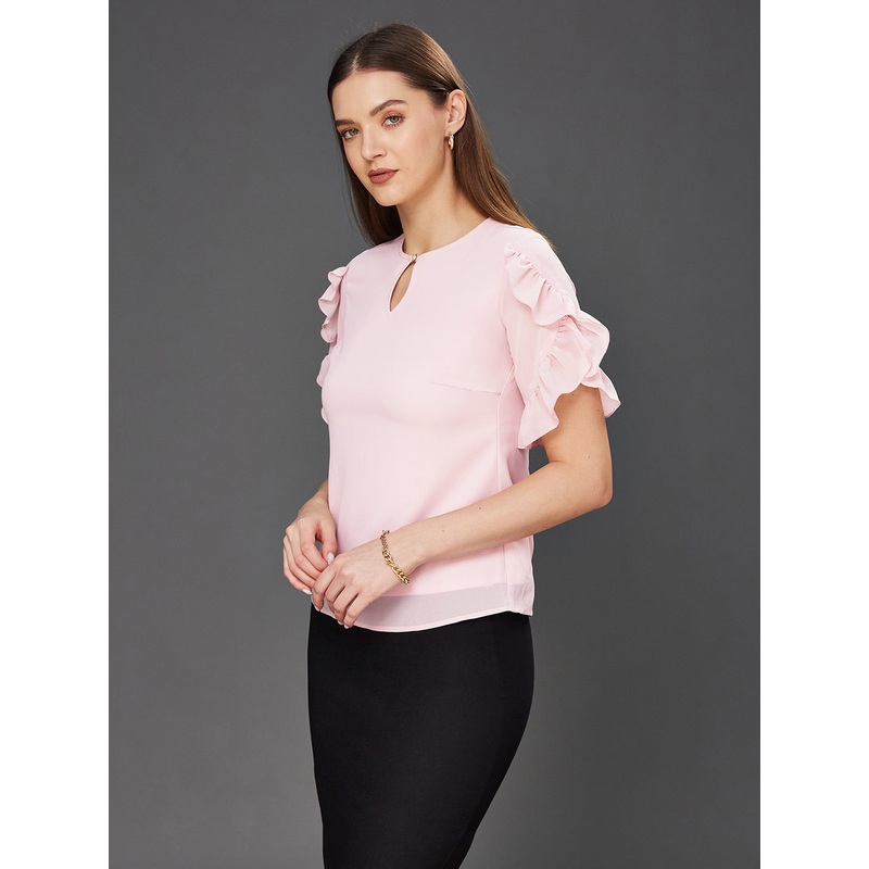 Women’s Dusty Pink Solid Round Neck Half Sleeve Relaxed Fit Regular Top XS Pink