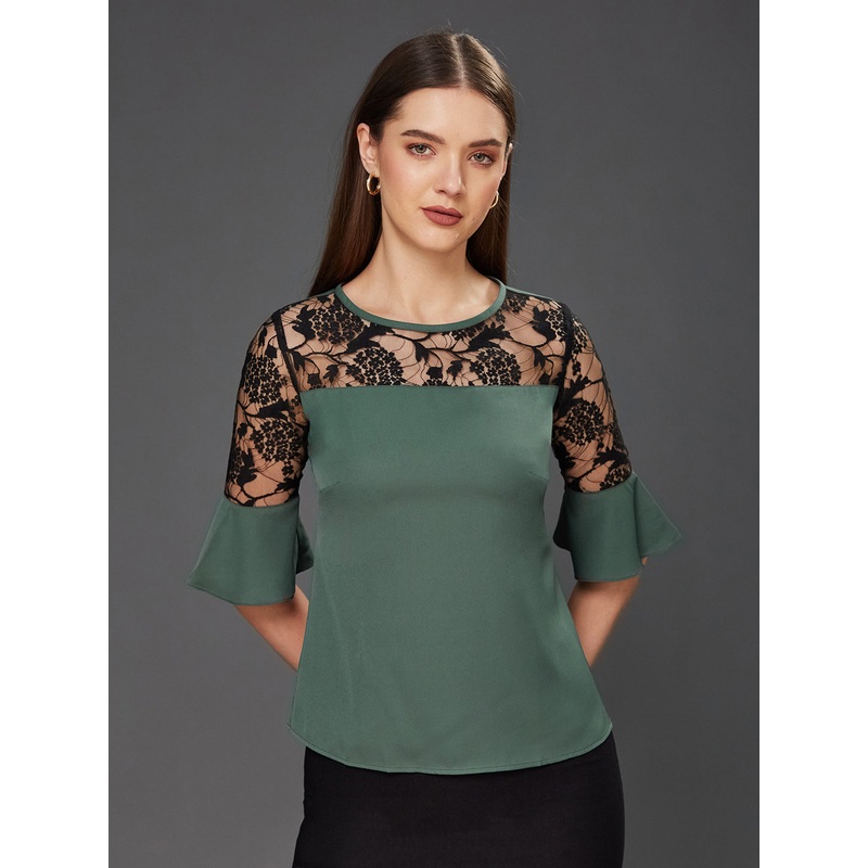 Women’s Green & Black Solid Round Neck 3/4 Sleeve Relaxed Fit Regular Top XS Green