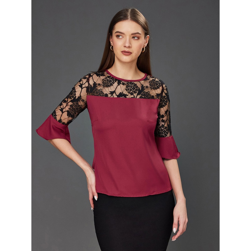 Women’s Maroon & Black Solid Round Neck 3/4 Sleeve Relaxed Fit Regular Top XS Maroon