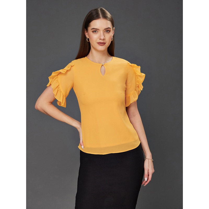Women’s Mustard Solid Round Neck Half Sleeve Relaxed Fit Regular Top XS Mustard