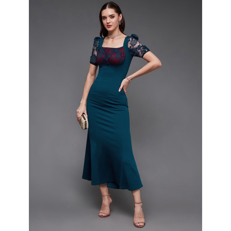 Women’s Teal Square Neck Short Puff Sleeve Self Design Lace Overlaid Bodycon Maxi Dress XXS Teal