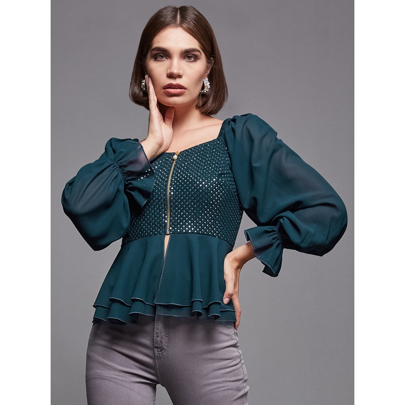 Women’s Teal Sweet Heart Neck Full Sleeve Sequined Georgette Party Top XS Teal