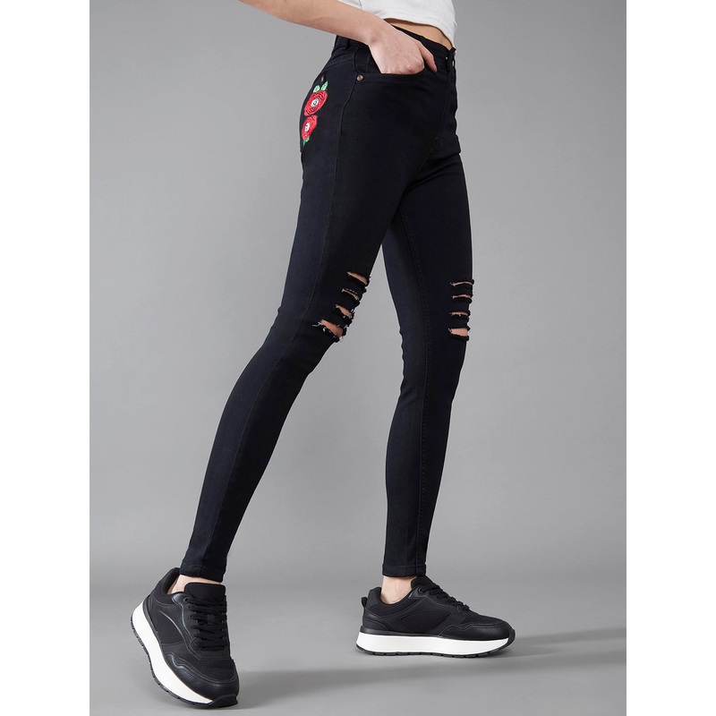 24/7 Comfort Black High-Rise Mild Distress Stretchable Denim Jeans 26 Black