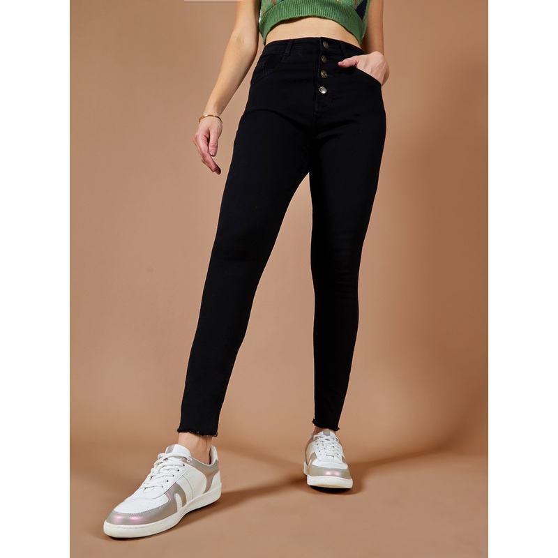 24/7 Comfort Black Skinny High-Rise Cropped Fringed Hemline Solid Stretchable Denim Jeans 26 Black