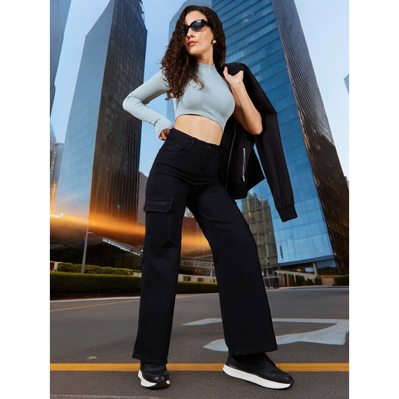 24/7 Comfort Black Wide-Leg High-Rise Cargo Stretchable Denim Jeans 26 Black