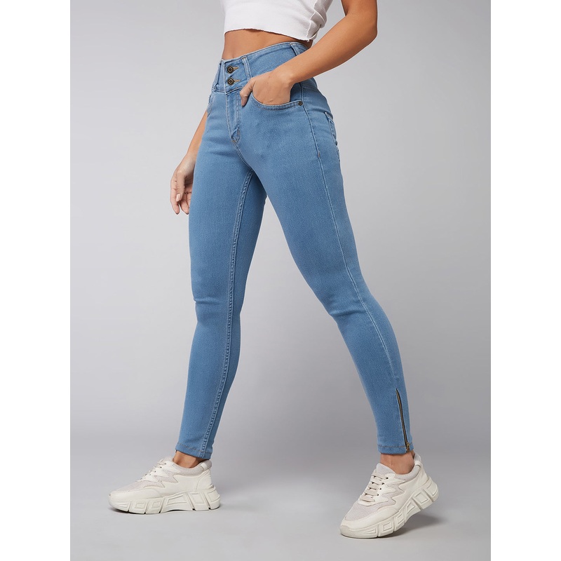24/7 Comfort Blue Skinny High-Rise Broad Waist Band Zipper Detailing Denim Jeans 26 Blue