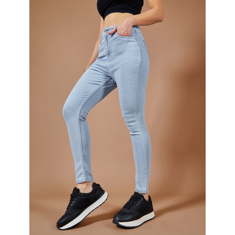 24/7 Comfort Light Blue Skinny Fringed Hemline Detailing High-Rise Cropped Stretchable Denim Jeans 26 Blue