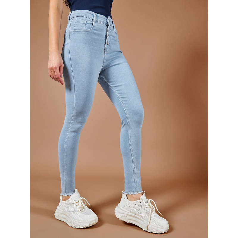 24/7 Comfort Light Blue Skinny High-Rise Fringed Hemline Cropped Stretchable Denim Jeans 26 Blue