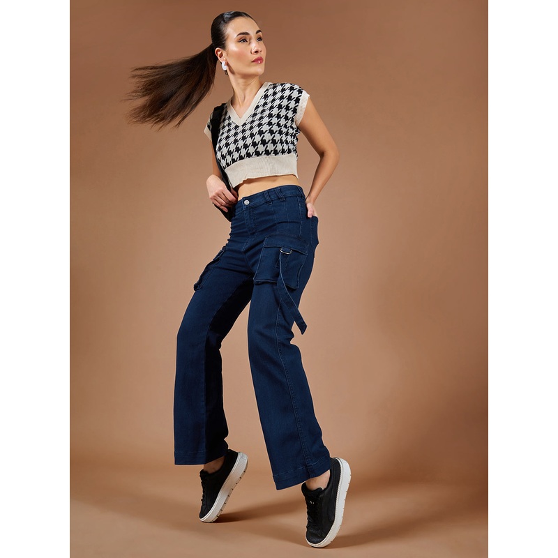 24/7 Comfort Navy-Blue Bell-Bottom Bootcut Hourglass High-Rise Stretchable Denim Jeans 24 Navy Blue