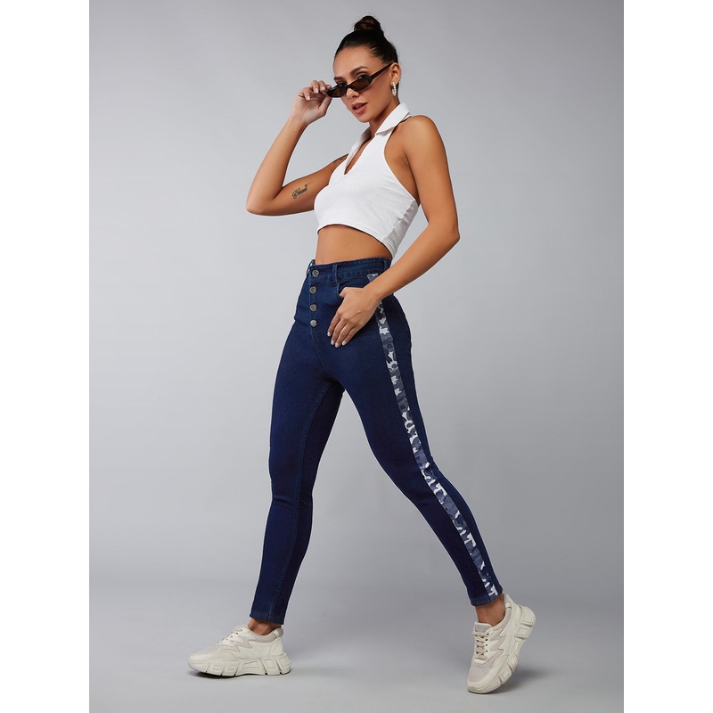 24/7 Comfort Navy-Blue Skinny High-Rise Printed Fabric Tape Detailing Denim Jeans 26 Navy Blue