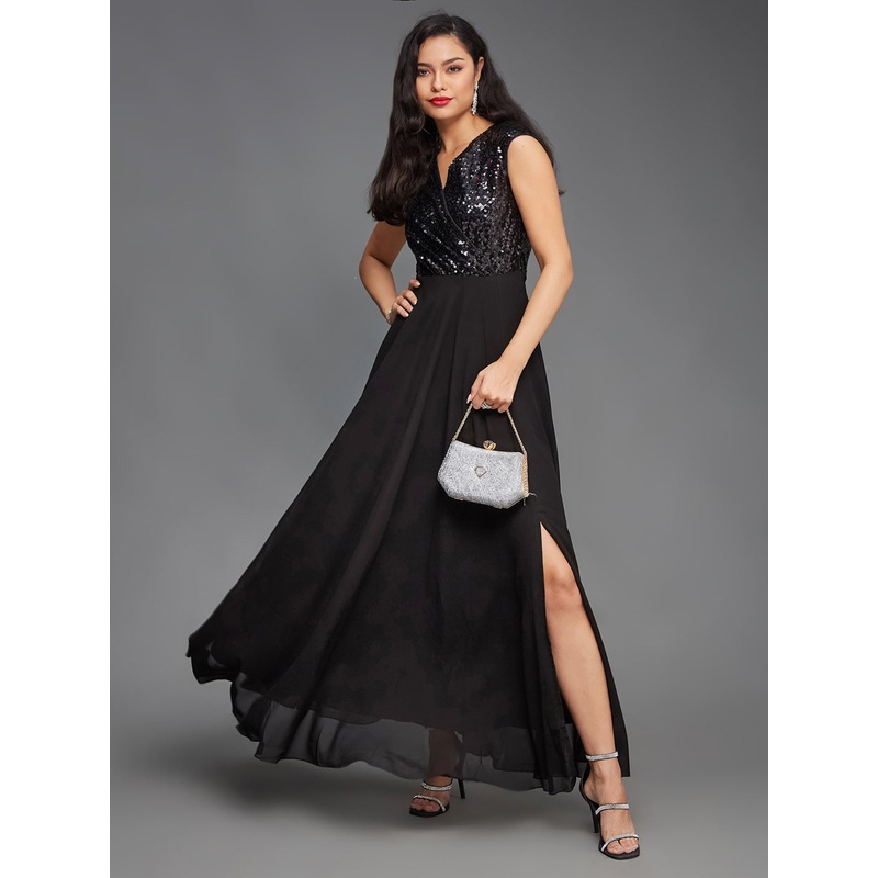 Black Sleeveless Fit and Flare Sequinned Maxi Dress for Women XS Black