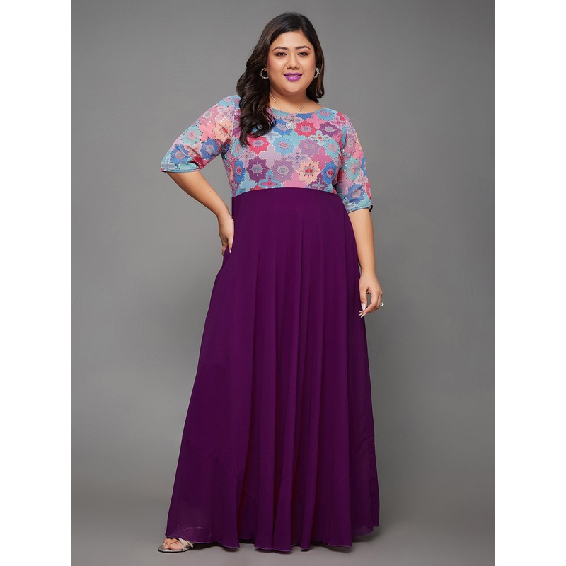 Body Bliss Multicolored-Base-Dark Purple Fit & Flare Georgette Maxi Dress XS Multicolored-Base-Dark Purple
