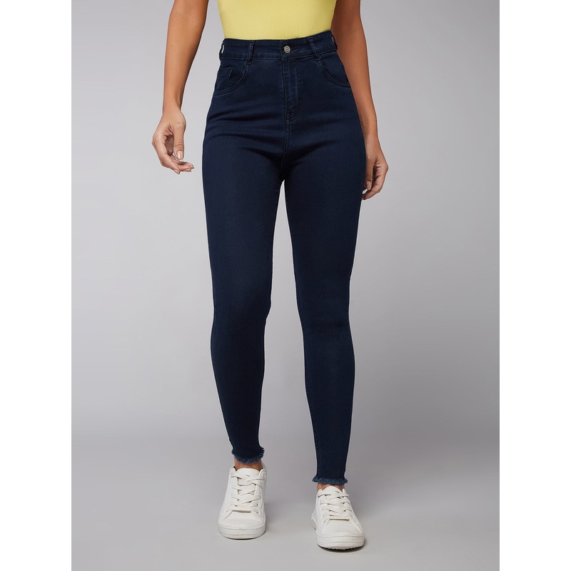 CHASEstretch Navy-Blue Skinny High-Rise Solid Fringed Hemline Denim Jeans 26 Navy Blue