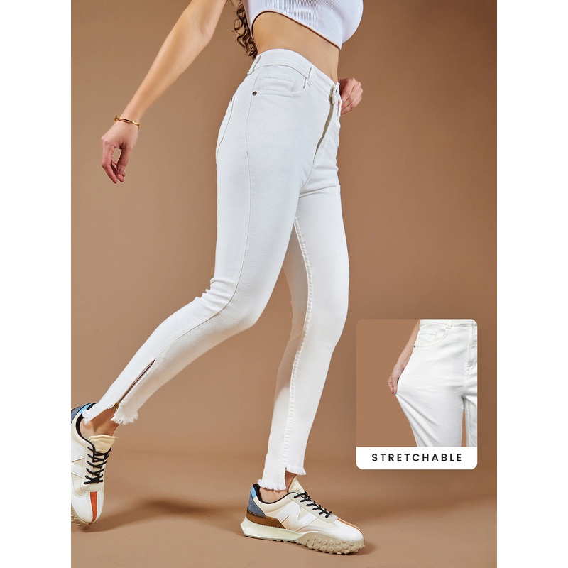 CHASEstretch White Skinny-Fit High-Rise Side-Slit Raw Edge Detailing Cropped Denim Jeans 26 White