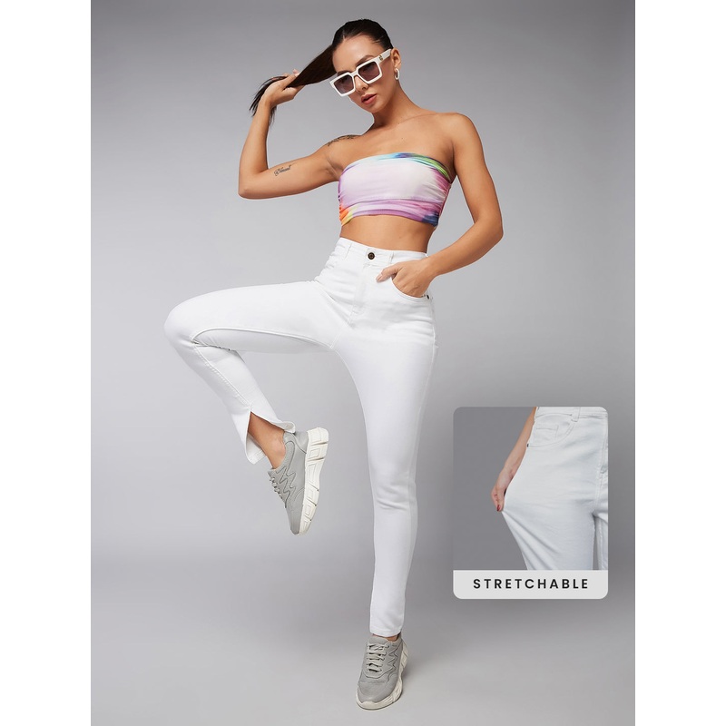 CHASEstretch White Skinny Mid-Rise Bleached Side-Slit Denim Jeans 26 White