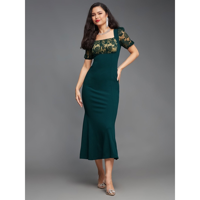 Crease Ease Women’s Dark Green Square Puff Sleeve Solid Lace Overlaid Ankle Length Dress XXS Green
