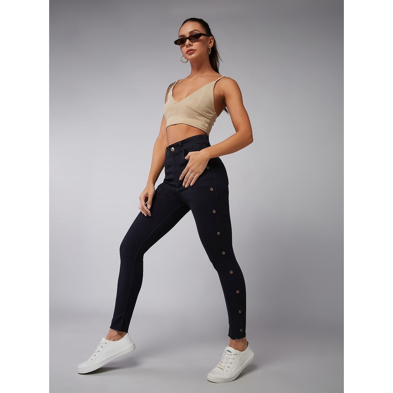 Women’s Black Slim-Fit Cropped-Length Eyelet Detailing High-Rise Denim Jeans 26 Black