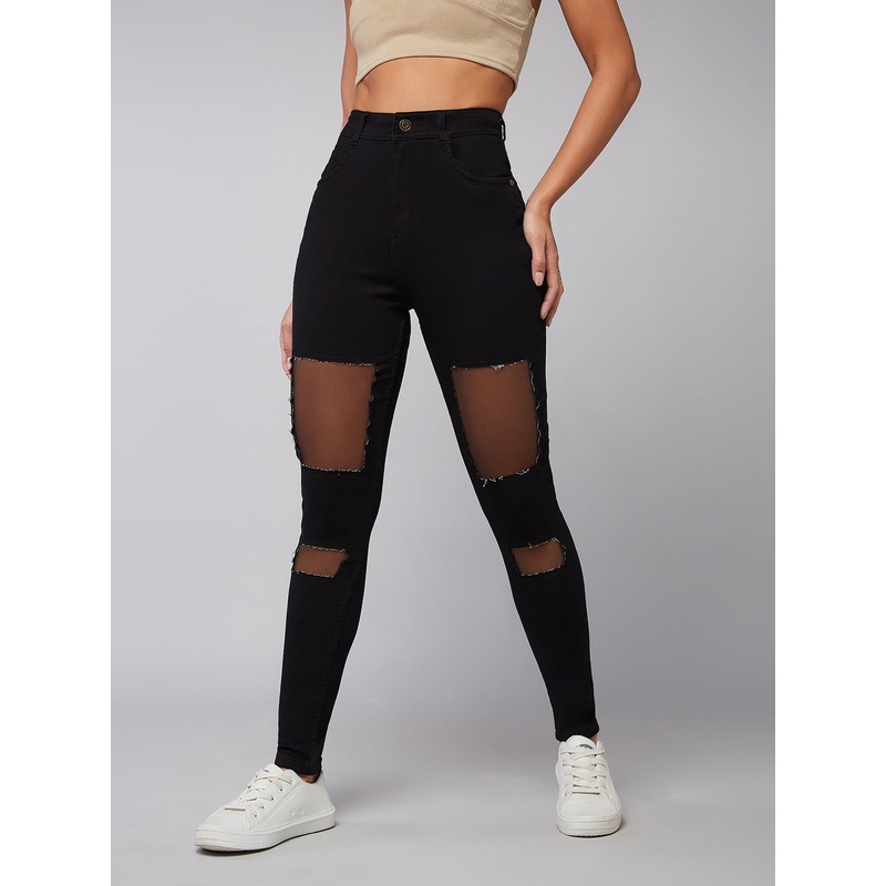 Women’s Black Slim-Fit High-Rise Mild Distressed Ripped Detailing Stretchable Denim Jeans 26 Black