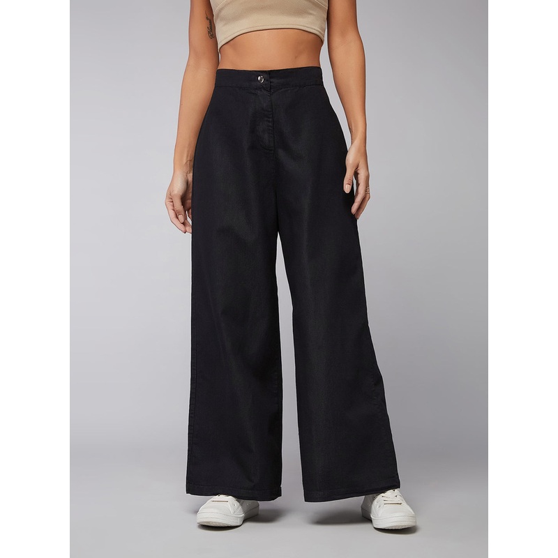 Women’s Black Wide-Leg High-Rise Light Weight Clean-Look Regular Length Light Weight Denim Pants 26 Black