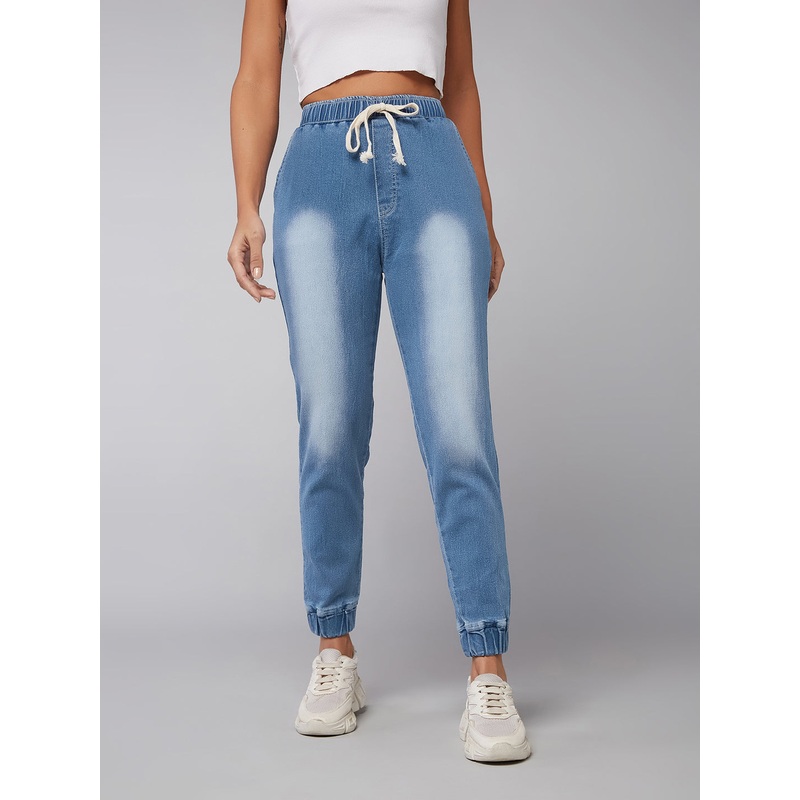 Women’s Light Blue Solid Mid Rise Stretchable Denim Jogger Pants 26 Blue