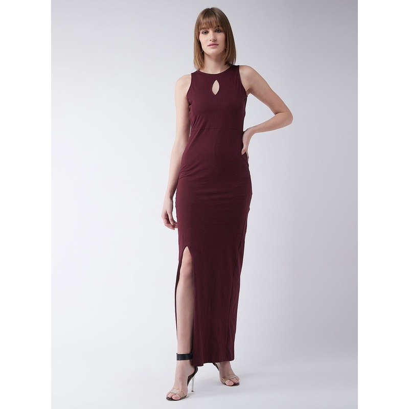 Women’s Maroon Round Neck Sleeveless Cutout Front Slit Bodycon Maxi Dress XS Maroon