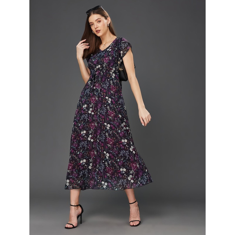 Women’s Multicolored-Base-Black V-Neck Short Sleeved Floral Pleated Midi Dress XS Multicolored-Base-Black